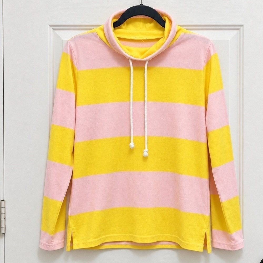 J. Crew Pink Yellow Striped Cowl Neck Drawstring Long Sleeve Cotton Top